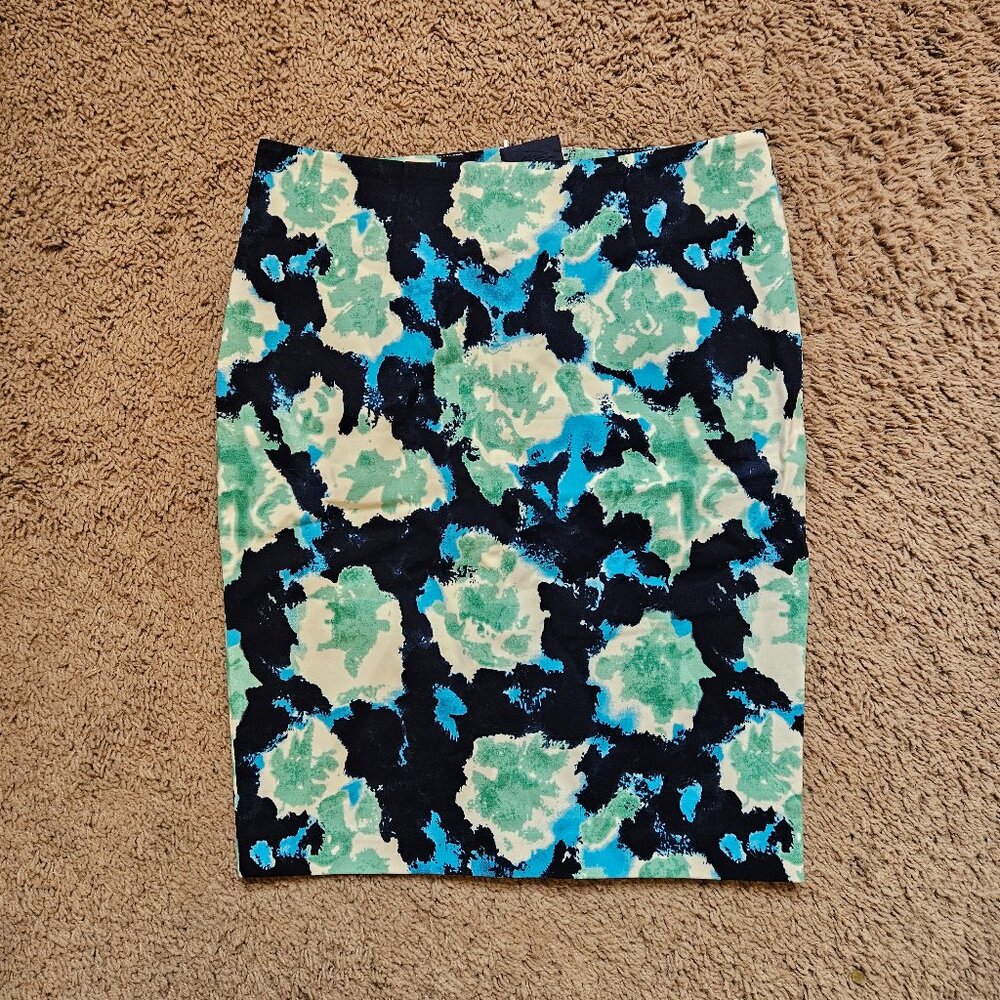 Dalia Blue Green Abstract Watercolor Floral Pattern Pencil Skirt